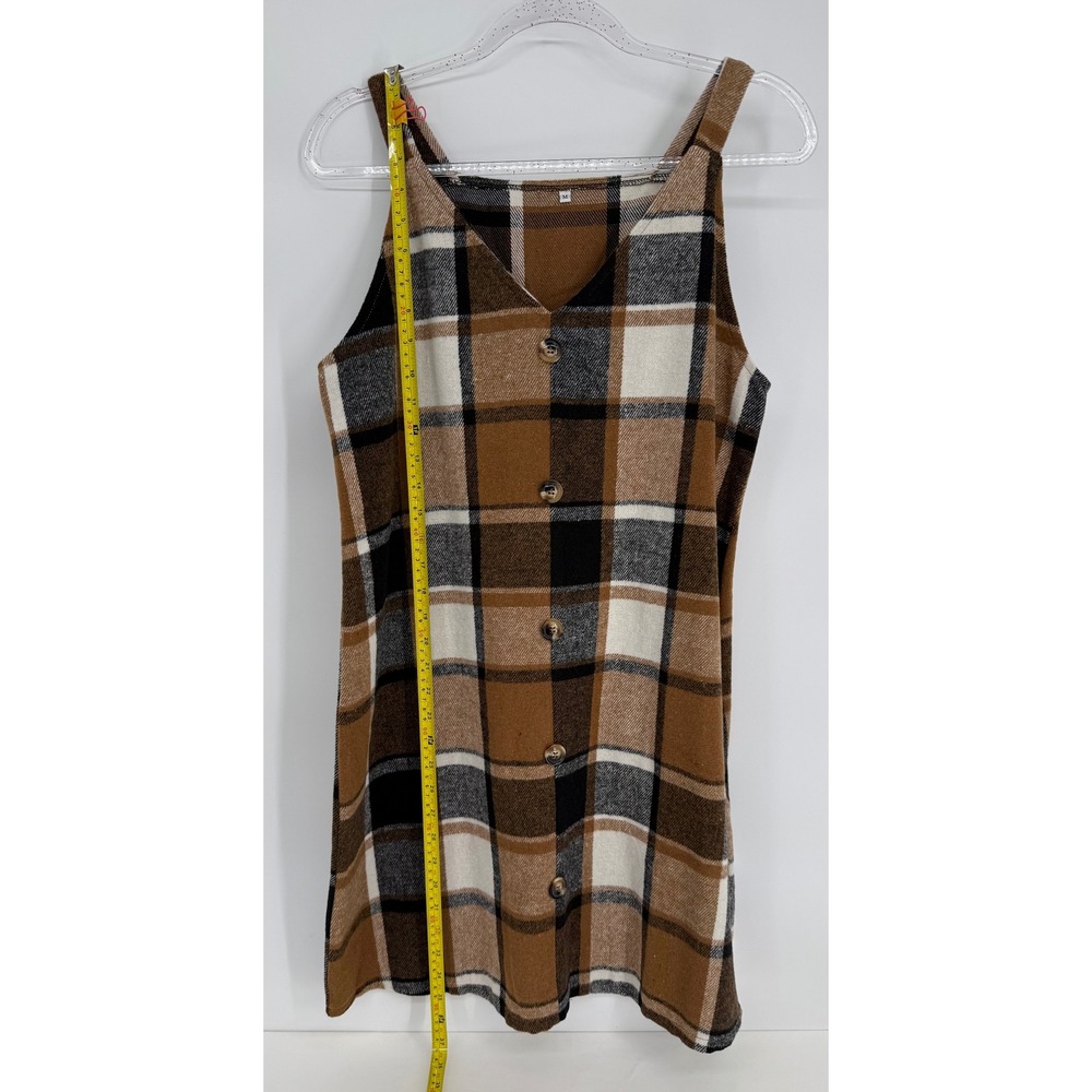 Brown Plaid Pinafore Jumper Dress Womens Sz M V-Neck Button Front Sleeveless - Picture 2 of 9